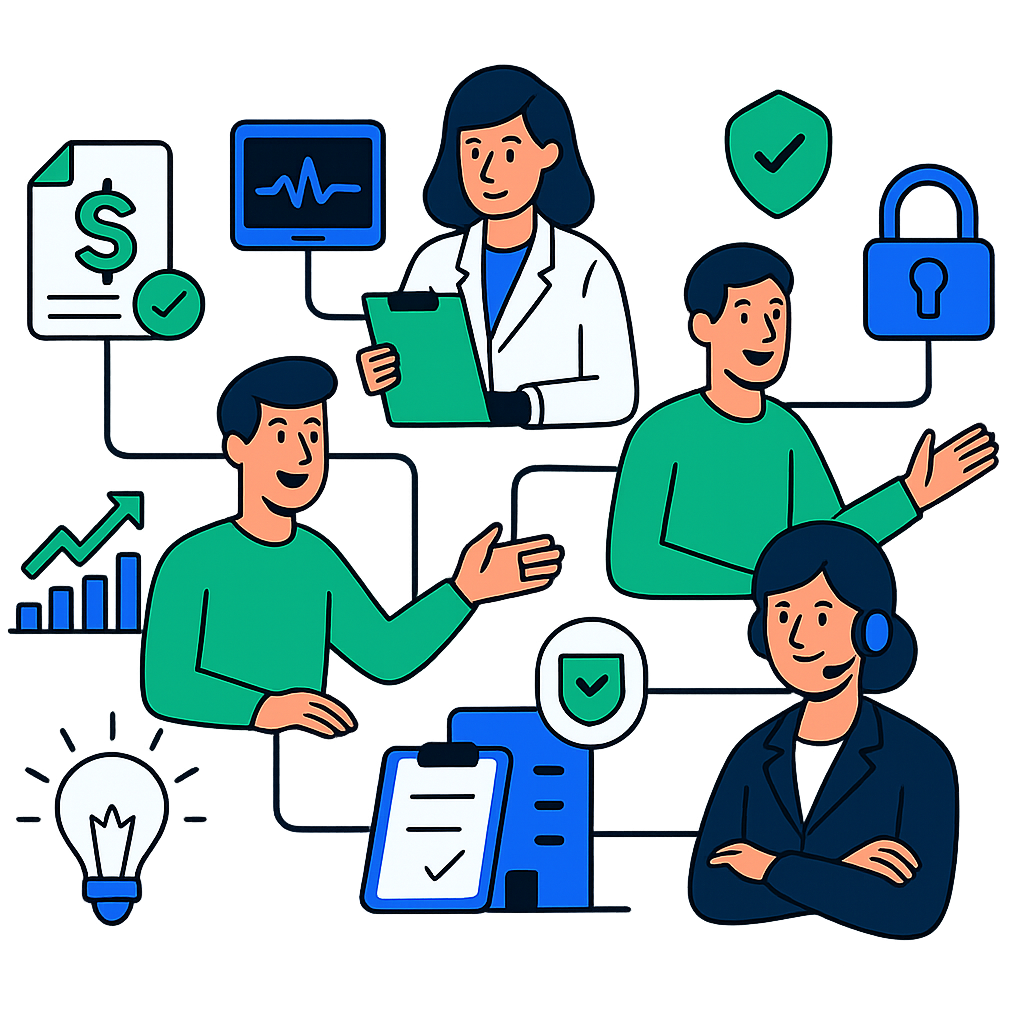 Team collaborating on healthcare revenue and security
